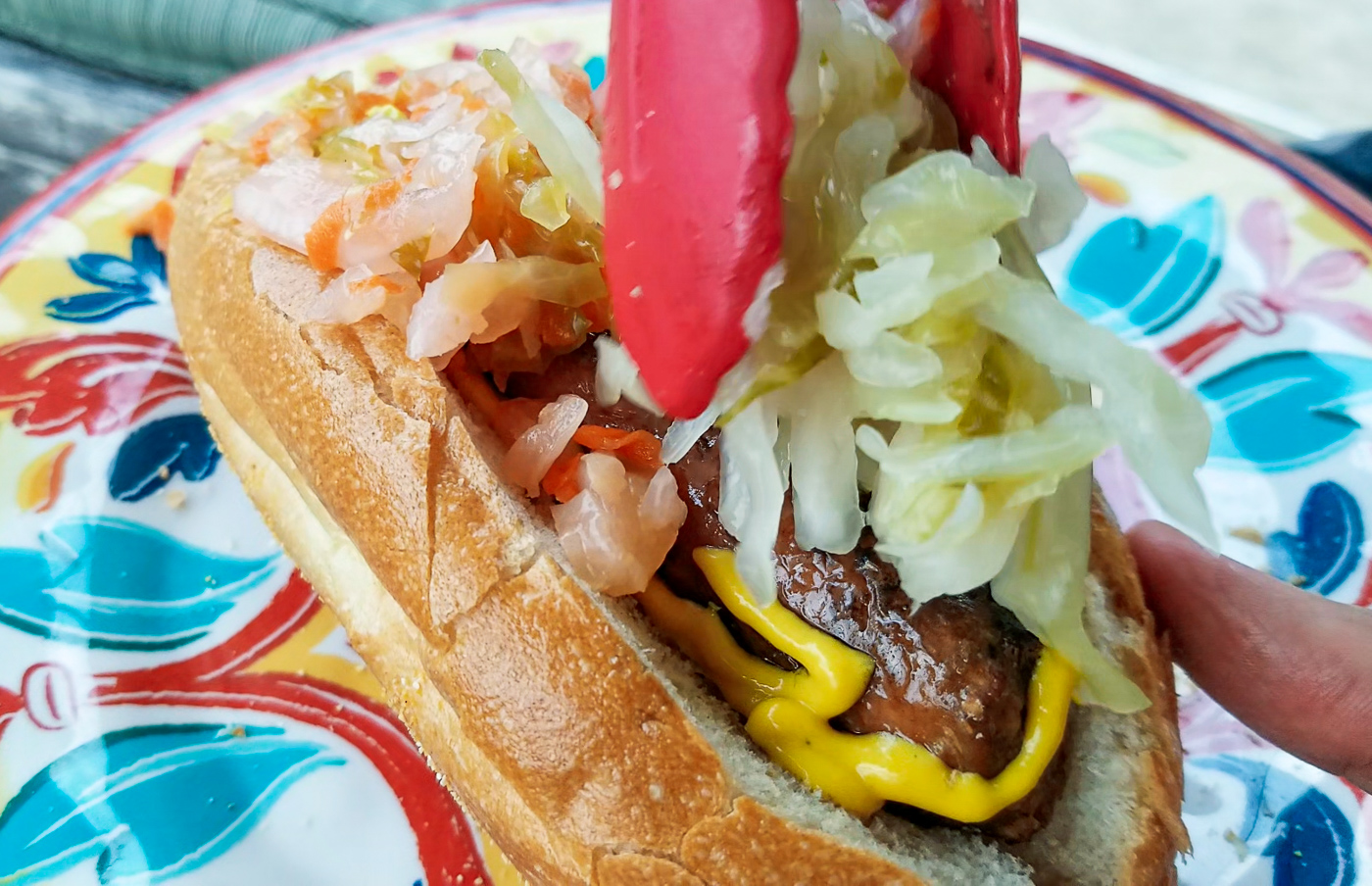 Beyond Meat sausage with sauerkraut