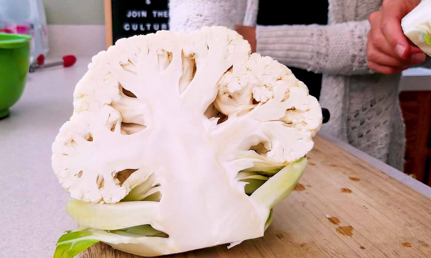 Cauliflower head chopped in half cross section